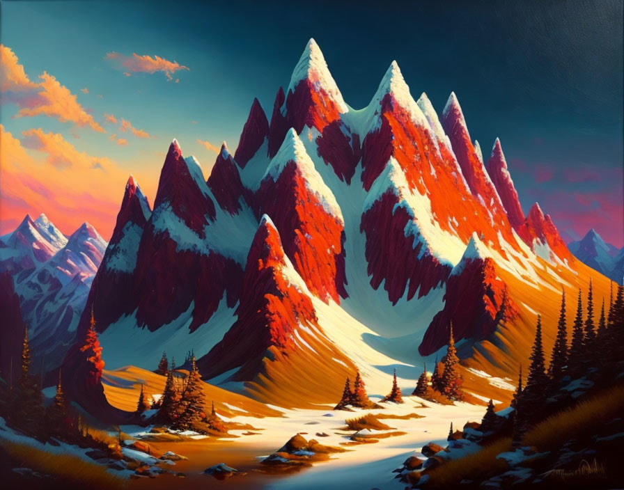 Snow-capped mountain range at sunset with forest and river