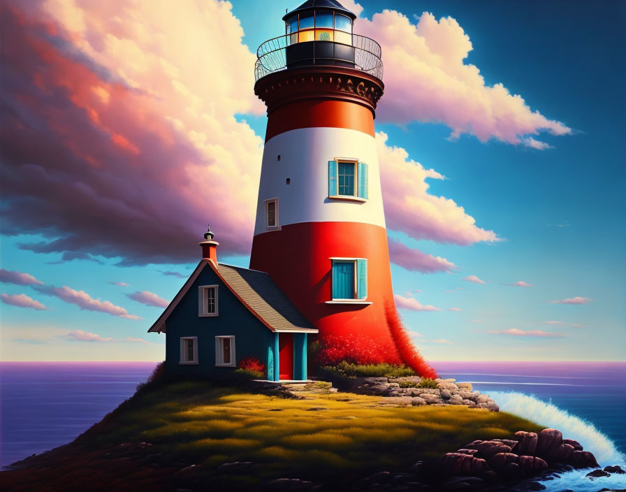 Illustration of Red and White Lighthouse on Cliff at Sunset