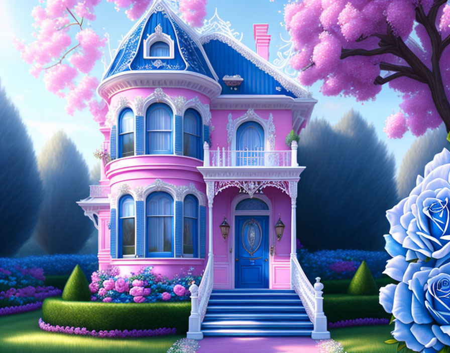 Whimsical pink Victorian-style house with blue accents and magical oversized blue flowers.