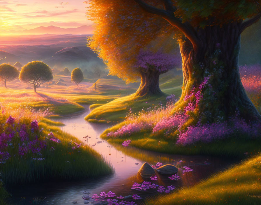 Tranquil sunset landscape with stream, purple flowers, and golden trees