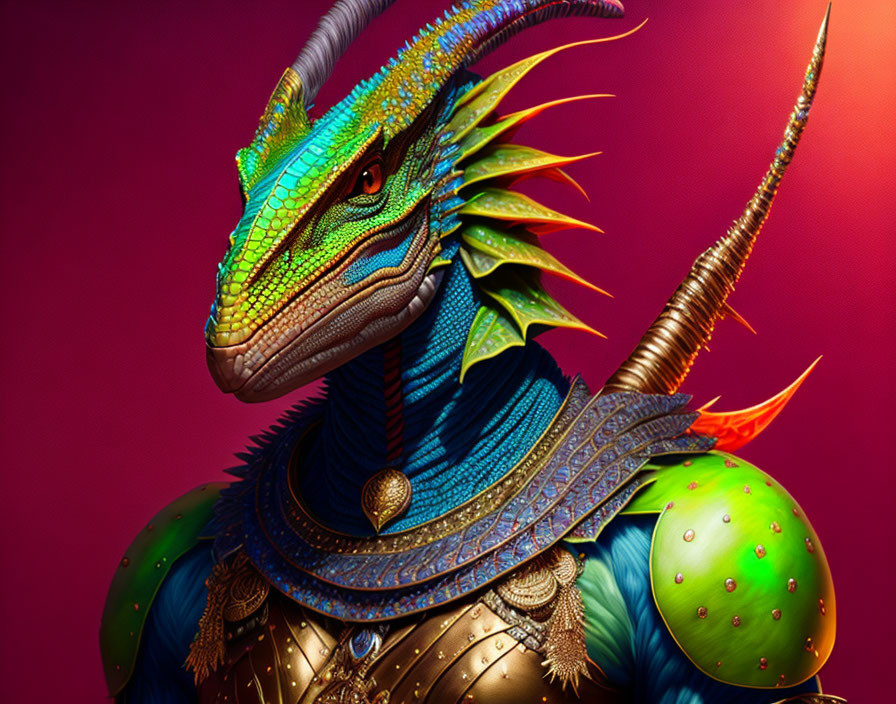 Colorful Dragon Artwork in Golden Armor on Red Background