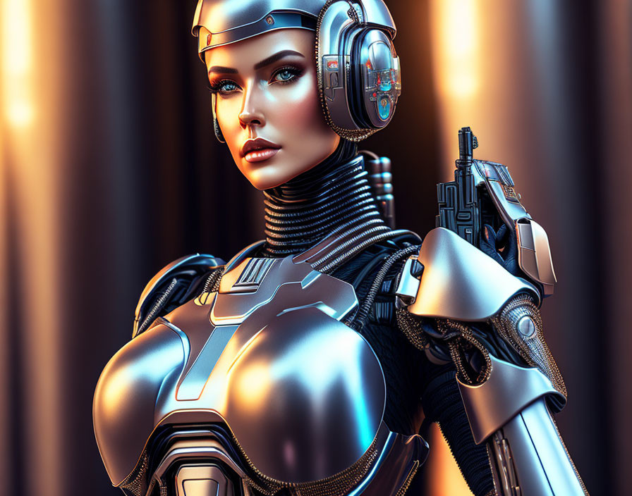 Futuristic female cyborg in advanced armor with gun and headset on metallic backdrop