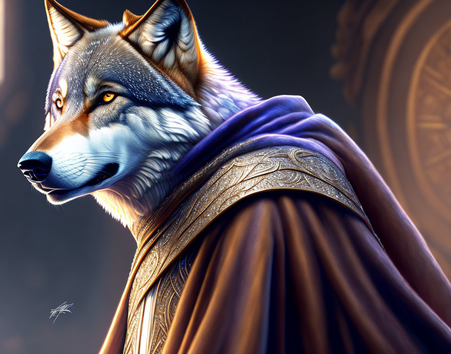 Anthropomorphic wolf in elegant cloak with gold trim on soft glowing background