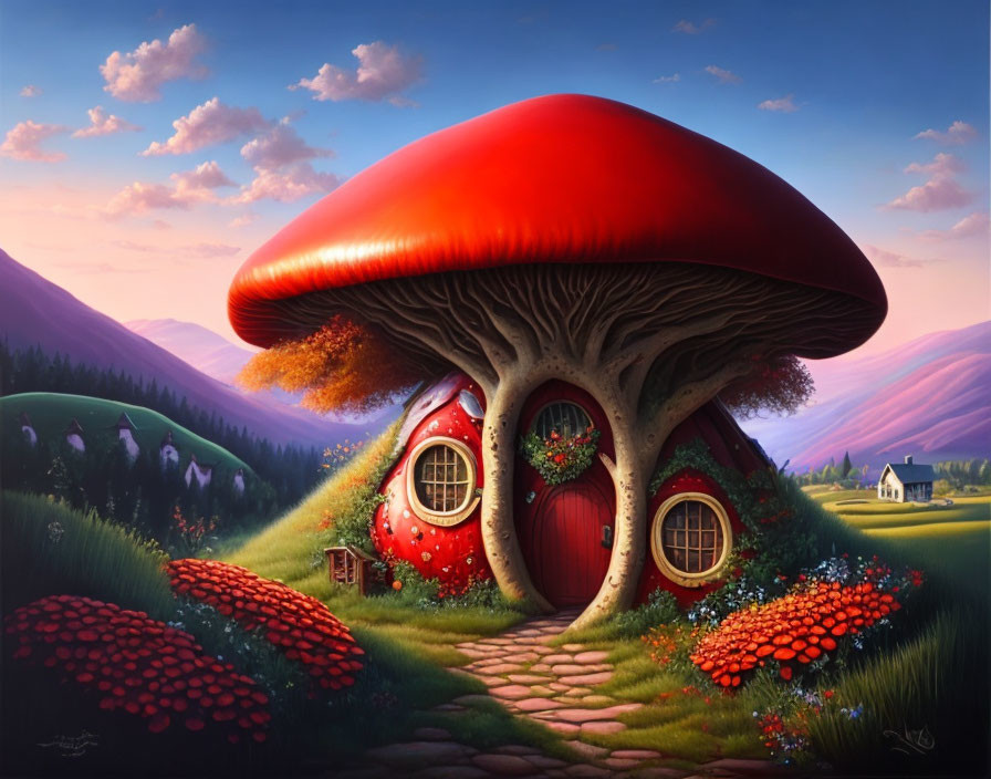 Illustration of Large Red Mushroom House in Vibrant Landscape