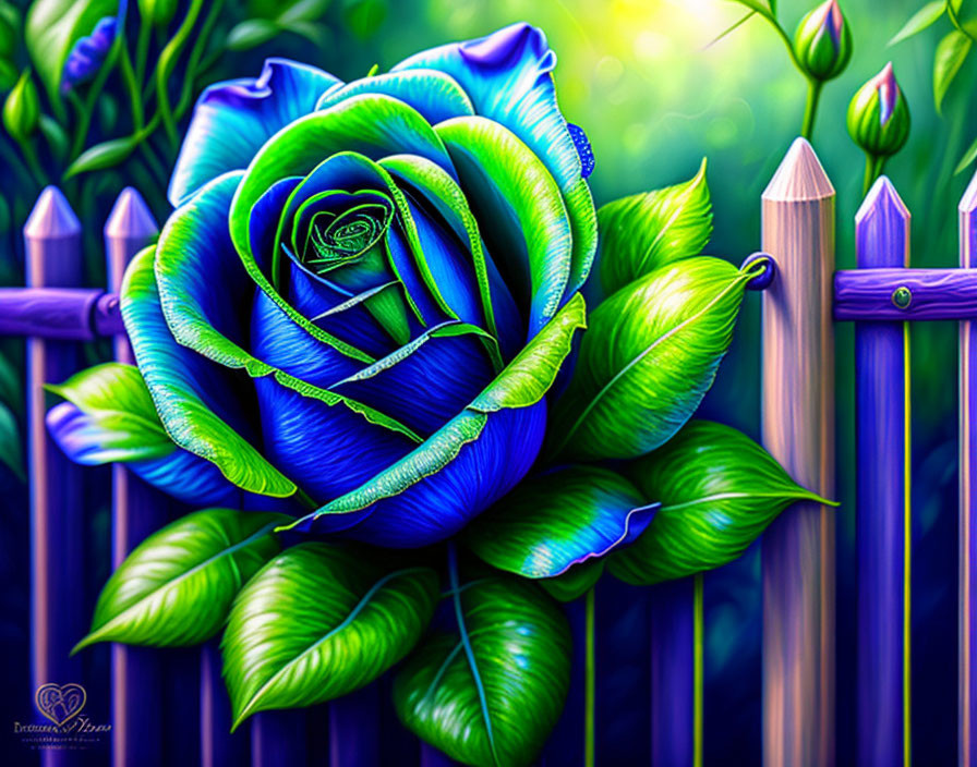 Blue Rose and Colored Pencils Against Purple Fence