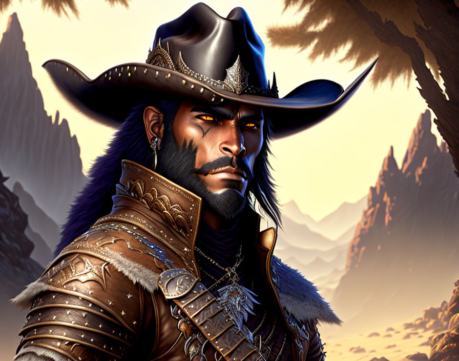 Detailed Cowboy Hat & Armor on Bearded Man in Mountain Sunset