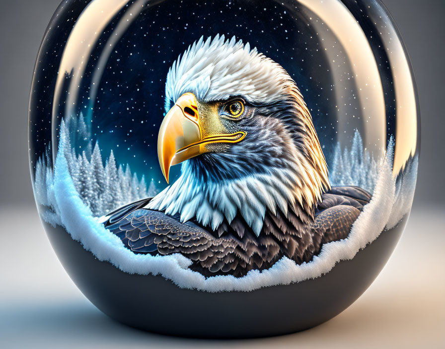 Eagle in Crystal Ball with Night Sky & Snowy Forest: Majestic Nature Symbolism