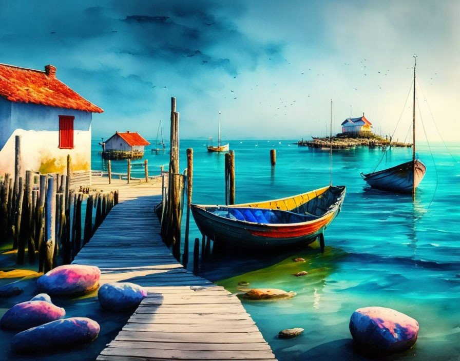 Colorful Boats and Wooden Jetty in Tranquil Waterfront Scene