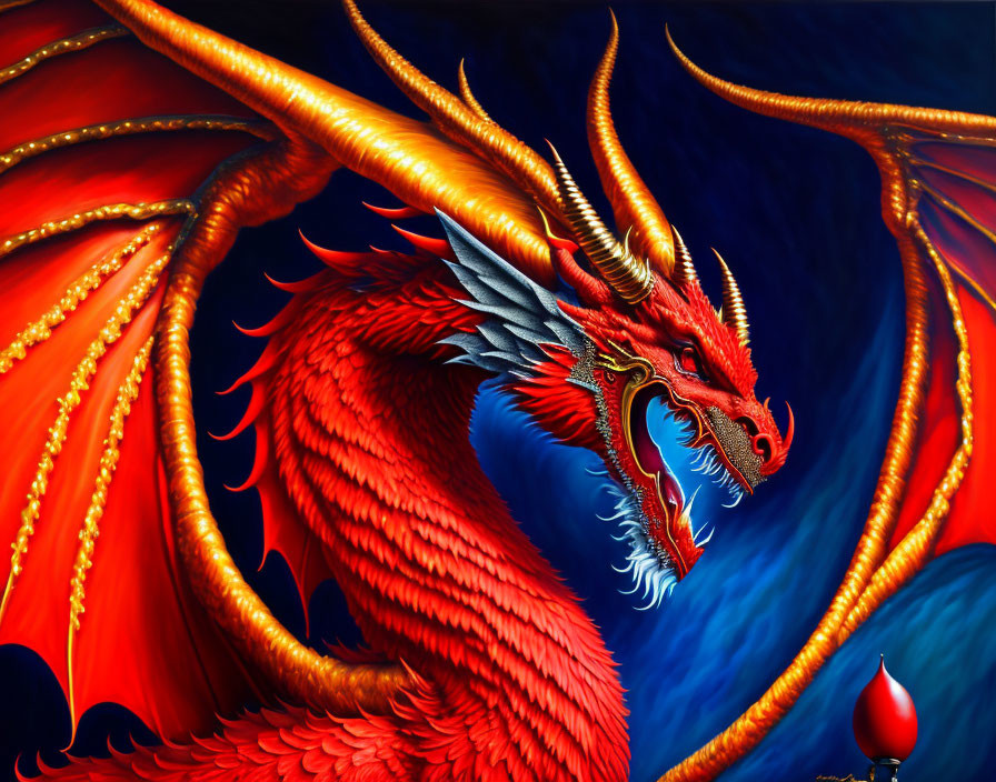 Majestic red dragon illustration with expansive wings and elaborate scales