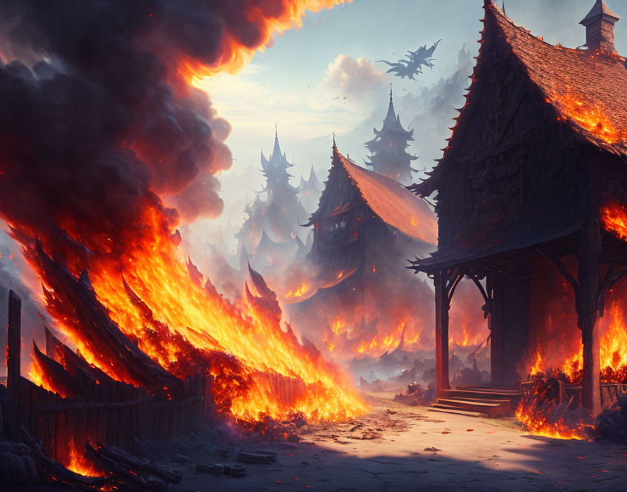 Medieval fantasy village ablaze with soaring dragons