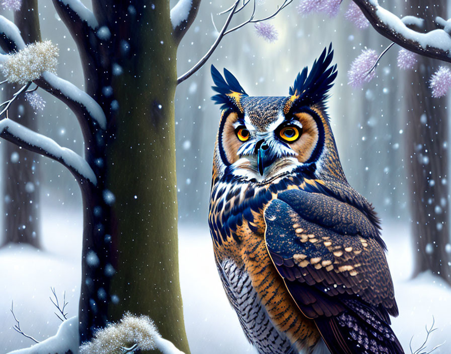 Great Horned Owl perched on snowy branch in tranquil forest