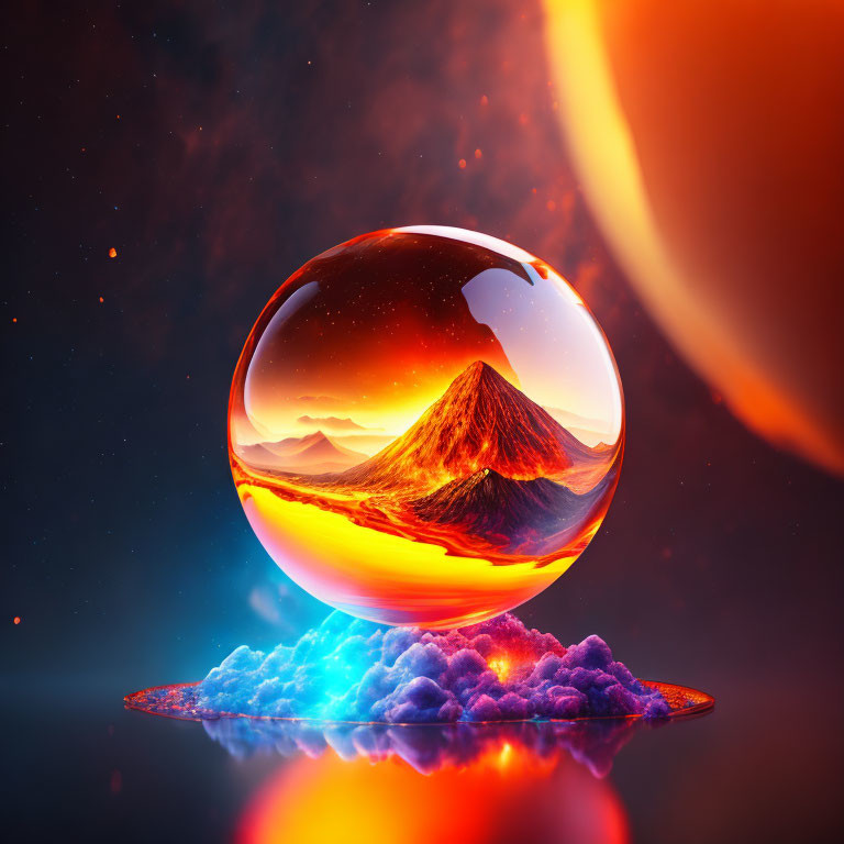 Transparent sphere with volcanic landscape under starry sky and large sun