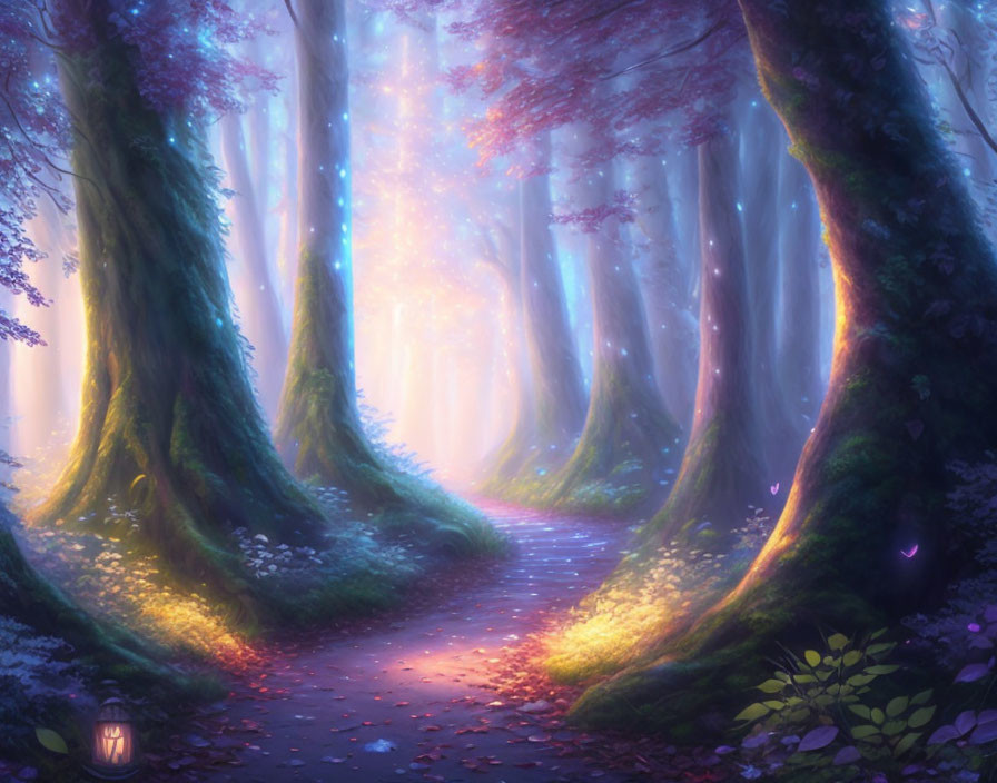 Enchanting Forest Path with Glowing Lights