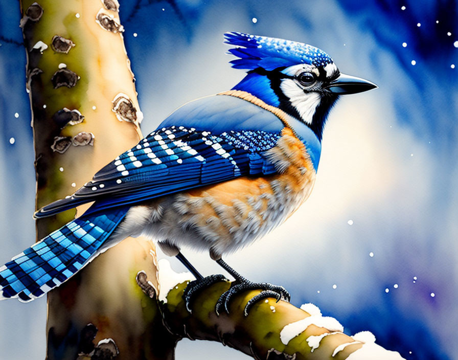 Blue jay on snow-covered branch in snowy setting