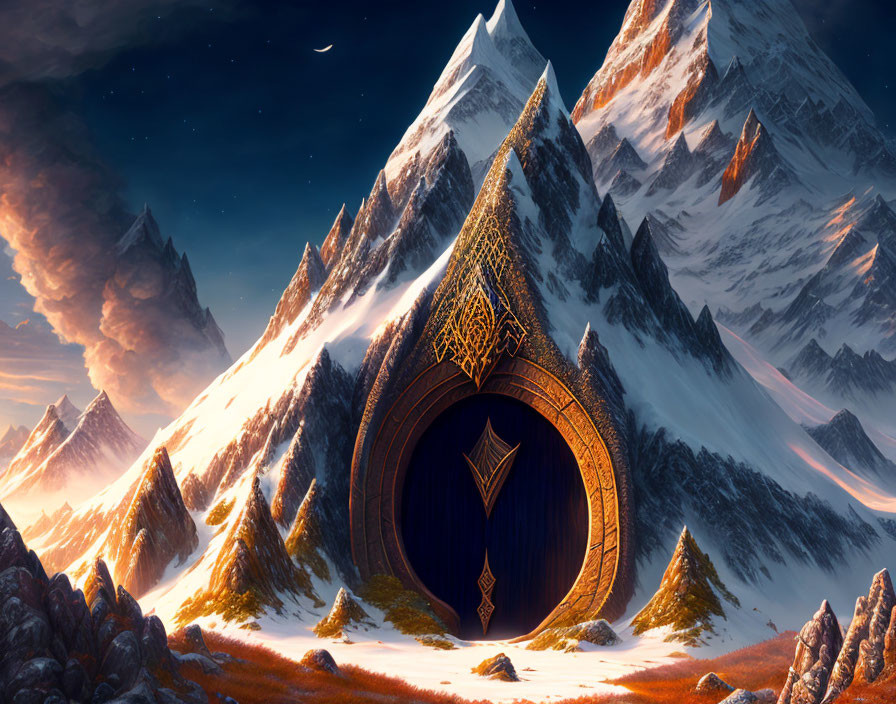 Ornate circular door in snow-capped mountain range at twilight