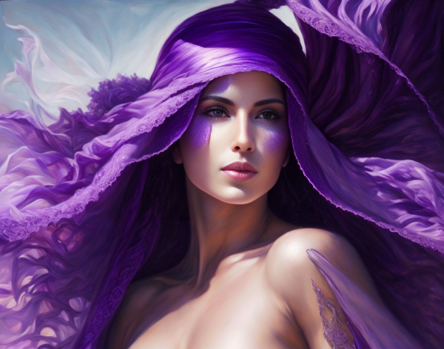 Woman with Striking Purple Eyes in Flowing Cape against Dreamy Background