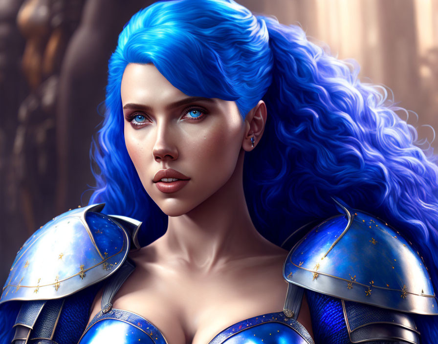 Vivid blue hair woman in armor with dramatic lighting