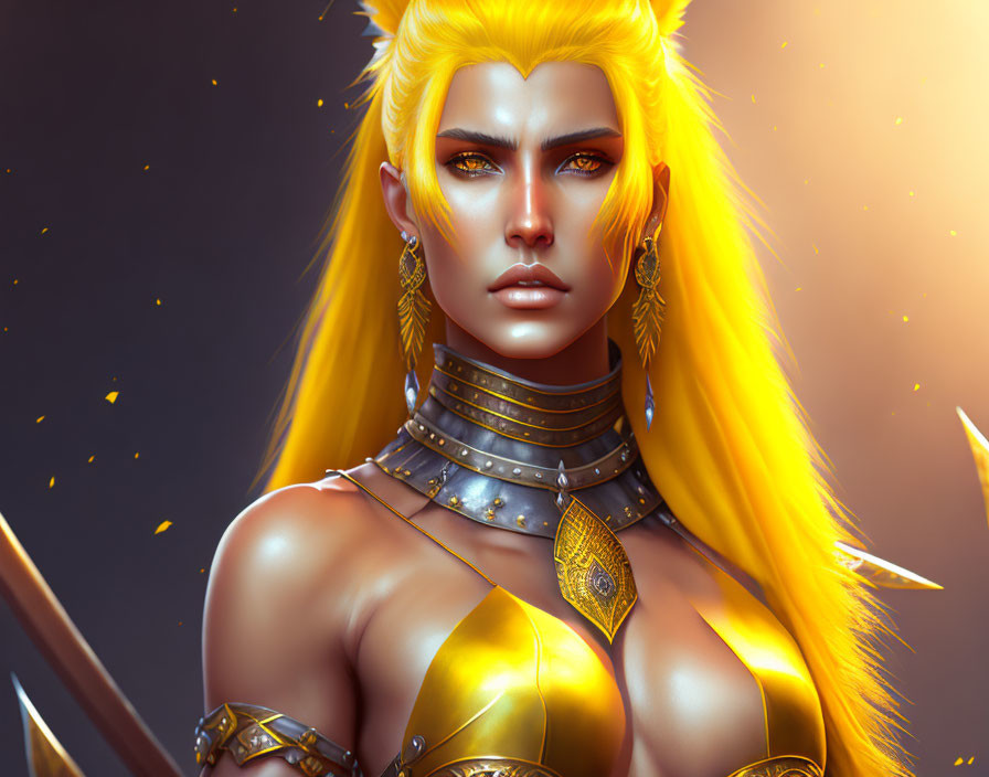 Fantasy Character with Golden Armor and Piercing Gaze