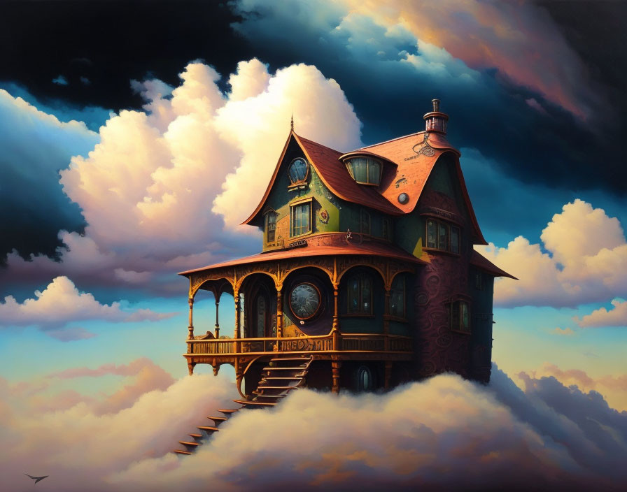 Victorian-style house floating in clouds under dusky sky with grand staircase.