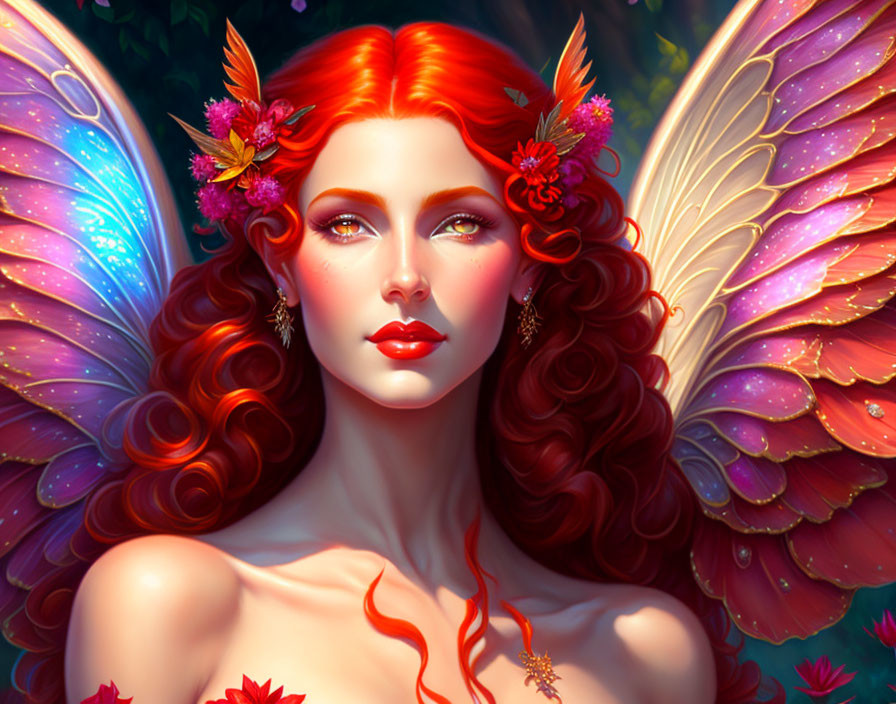 Fantasy creature digital art: vibrant butterfly wings, red hair with flowers, detailed facial features.