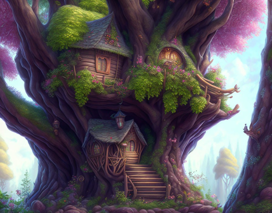 Enchanting treehouse with thatched roof in gnarled tree amid lush purple foliage