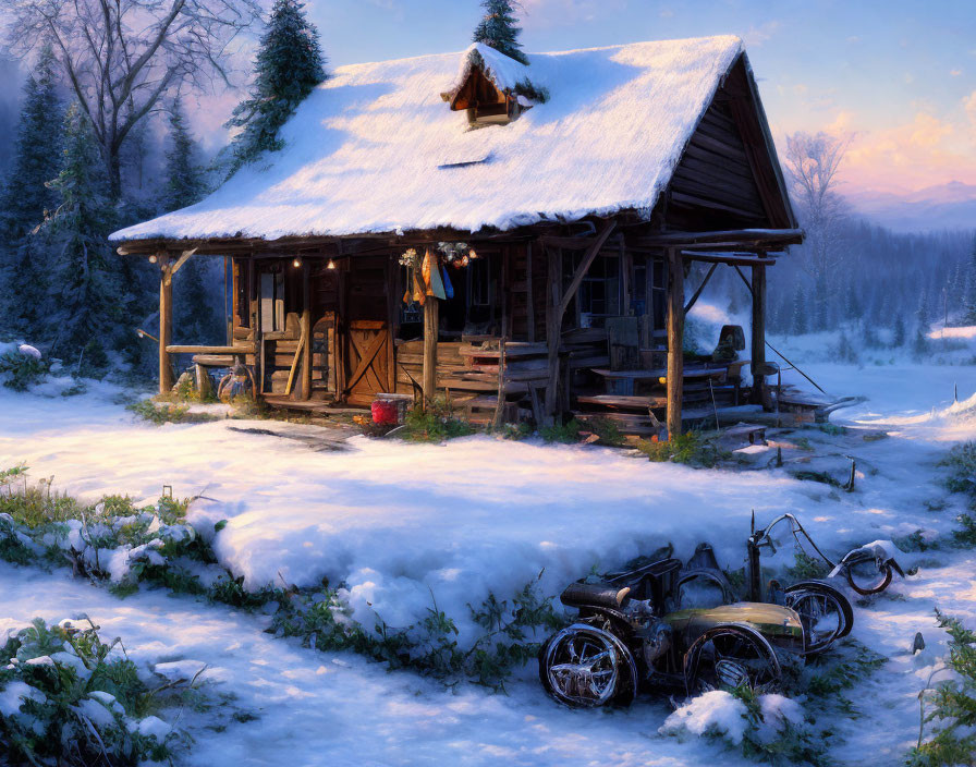 Snow-covered cabin with glowing lights, bicycle, and motorcycle at dusk