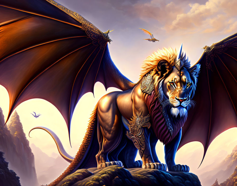 Majestic lion-bodied creature with dragon wings on cliff at sunset