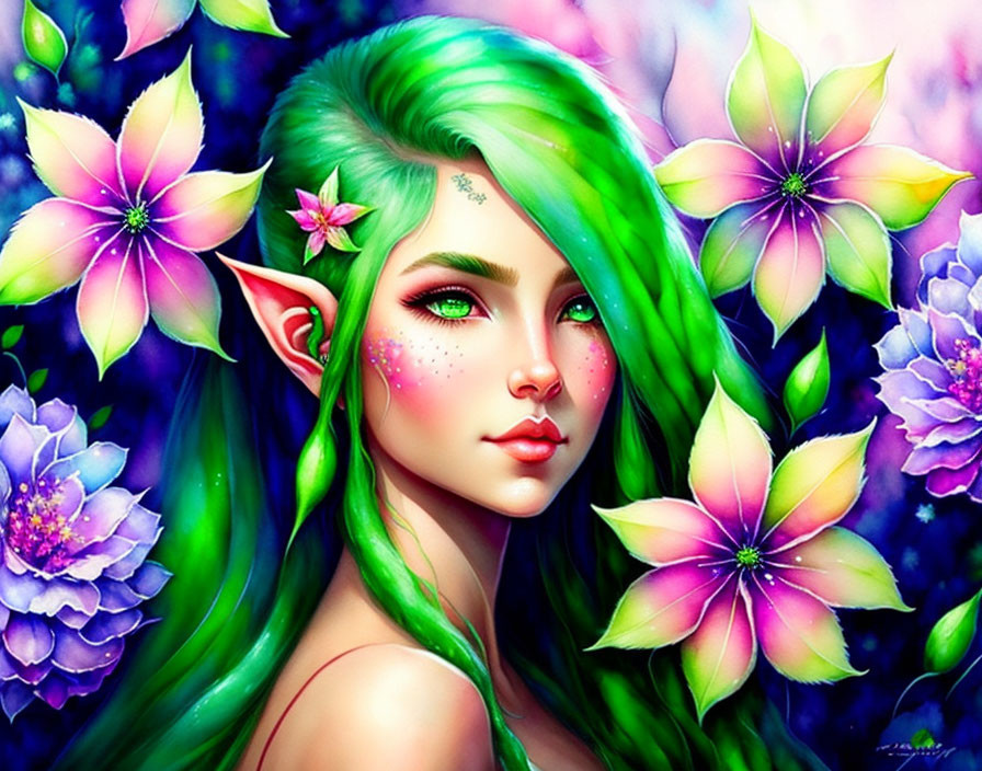 Fantasy female character with vibrant green hair and pointy ears surrounded by colorful flowers