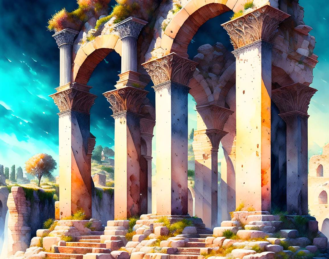 Ornate ancient columns in vibrant sky amidst ruins