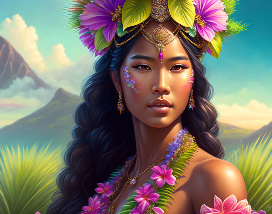 Woman with Floral Headdress and Jewelry in Tropical Setting