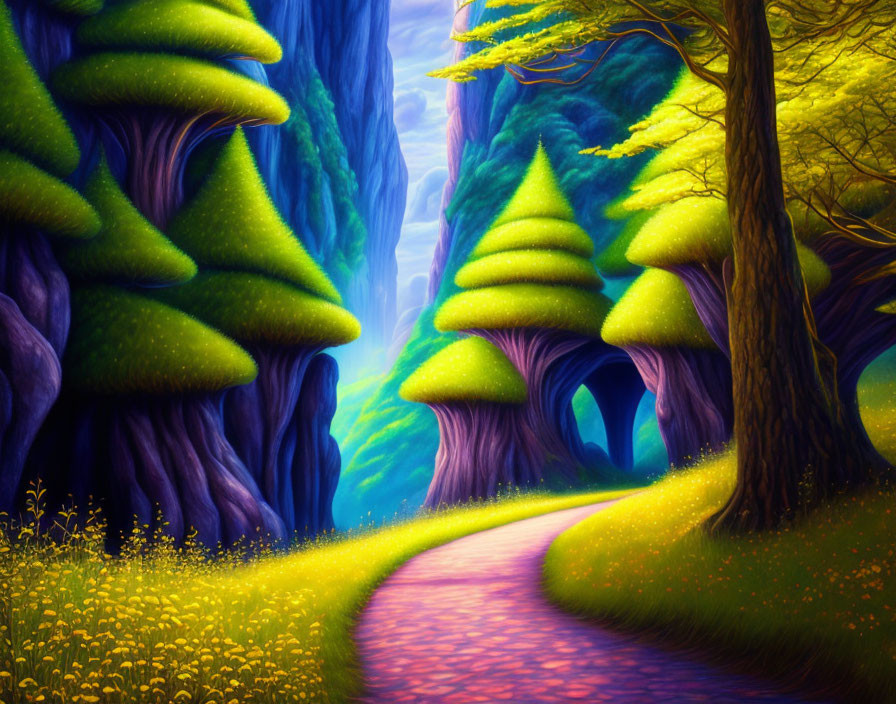 Colorful forest landscape with winding path through unique trees