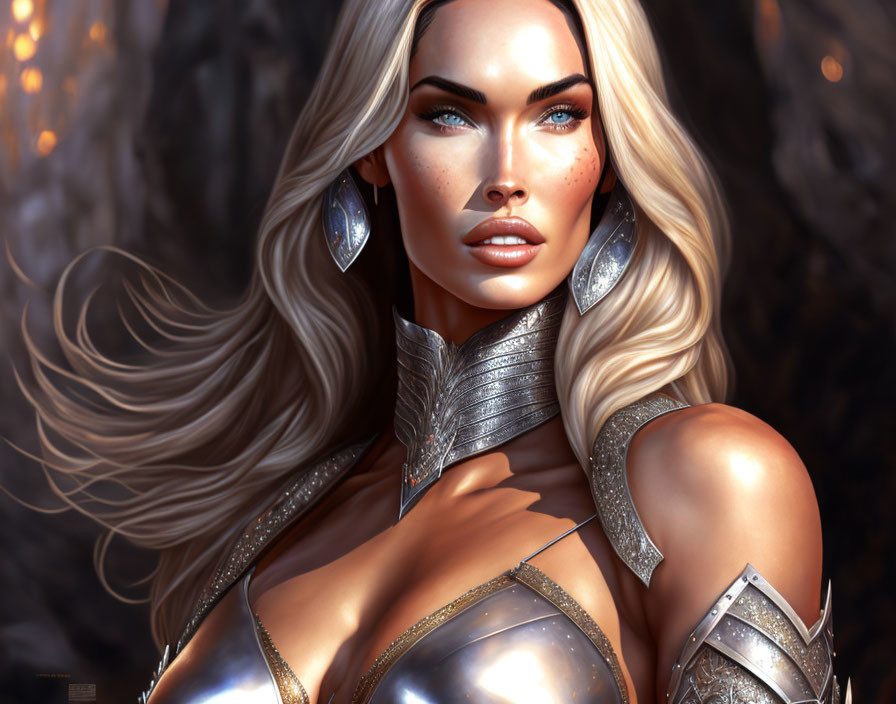 Hyper-realistic digital artwork: Woman with flowing blonde hair, blue eyes, ornate silver armor