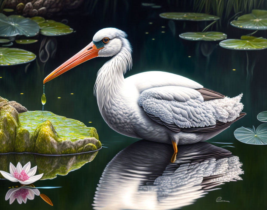 Pelican on Stone in Tranquil Water with Lily Pads and Lotus