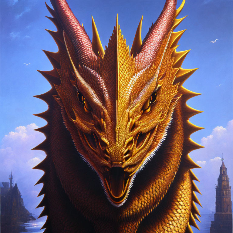 Golden Dragon with Piercing Eyes and Castle Towers in Blue Sky