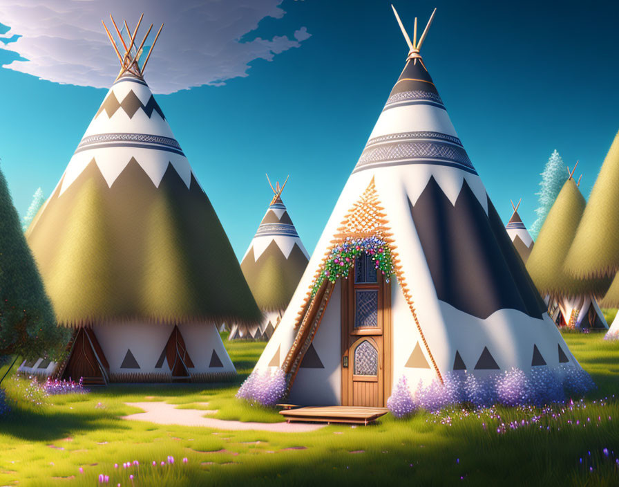 Whimsical village illustration with flower-adorned tepees in serene landscape