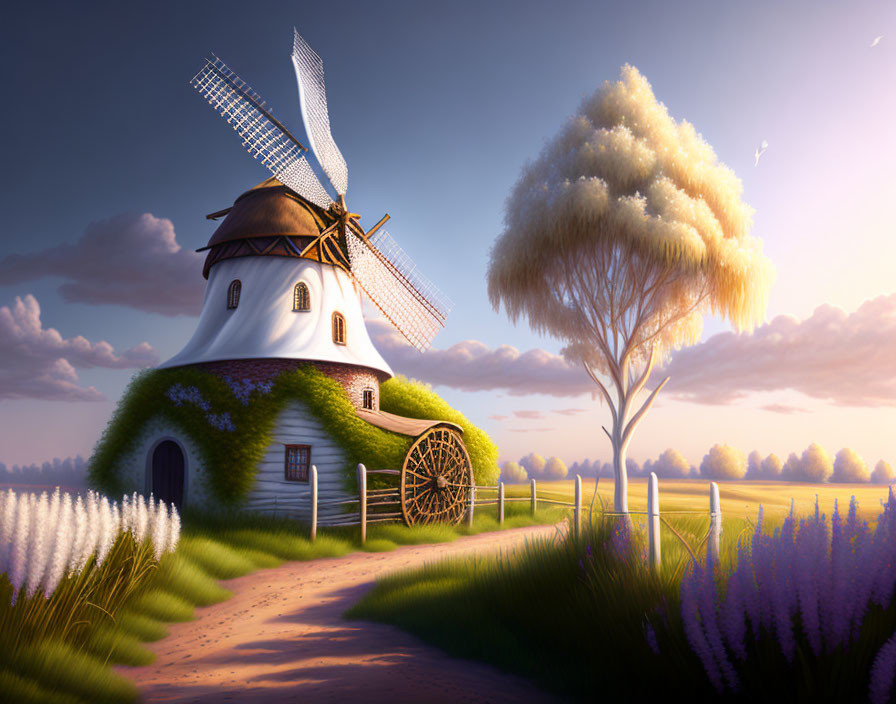 Traditional windmill on grassy knoll under warm sunset sky with tree and white flowers