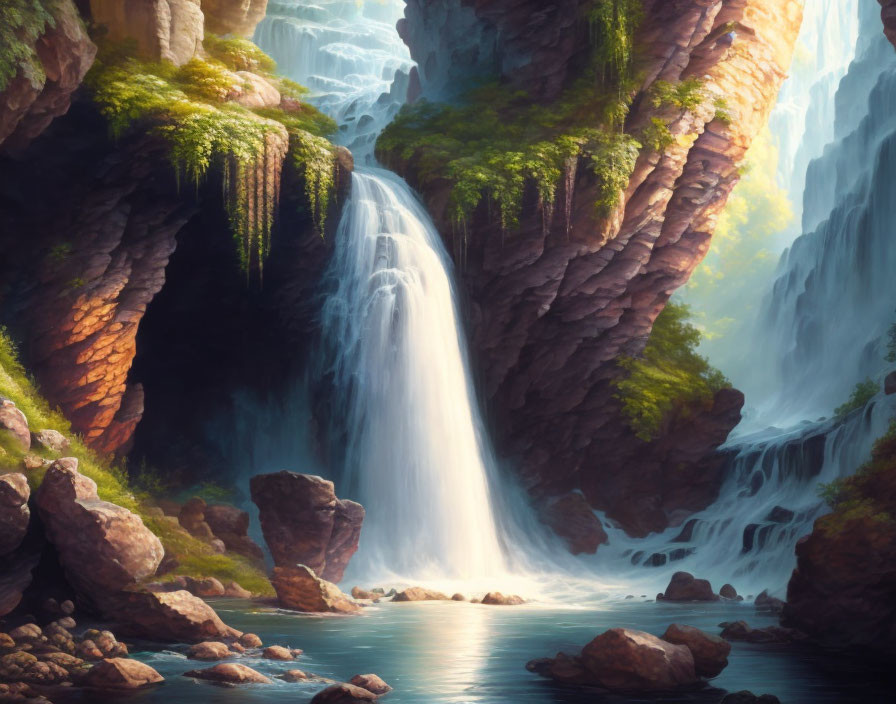 Majestic waterfall cascading into tranquil pool with lush vegetation