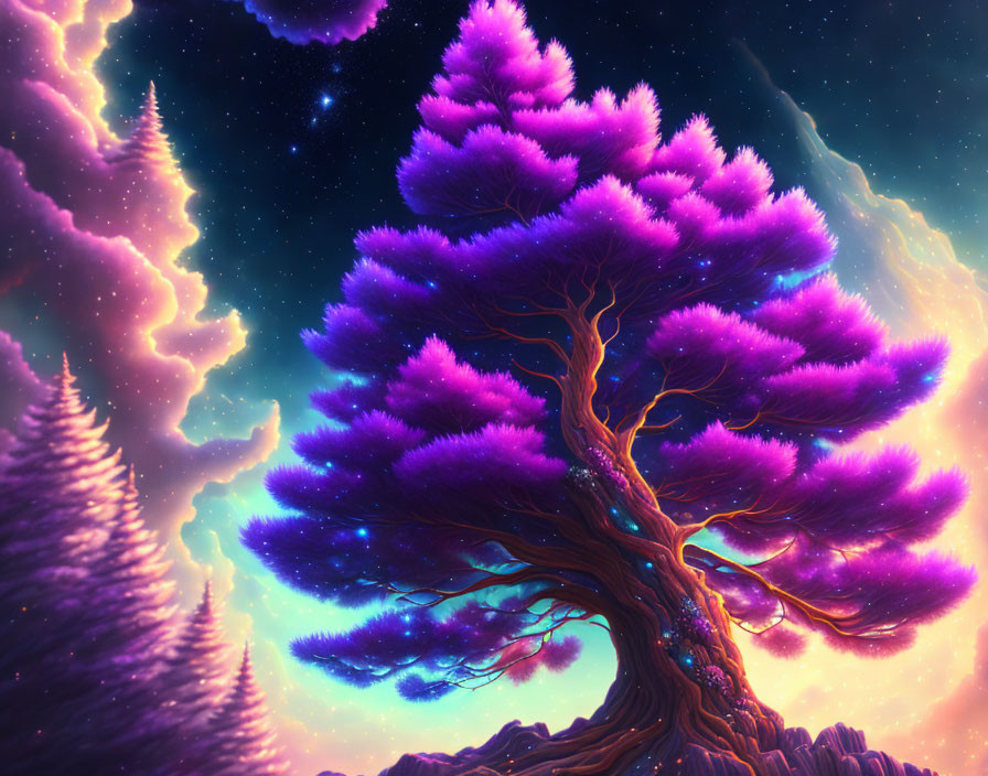 Majestic tree with purple foliage under swirling night sky