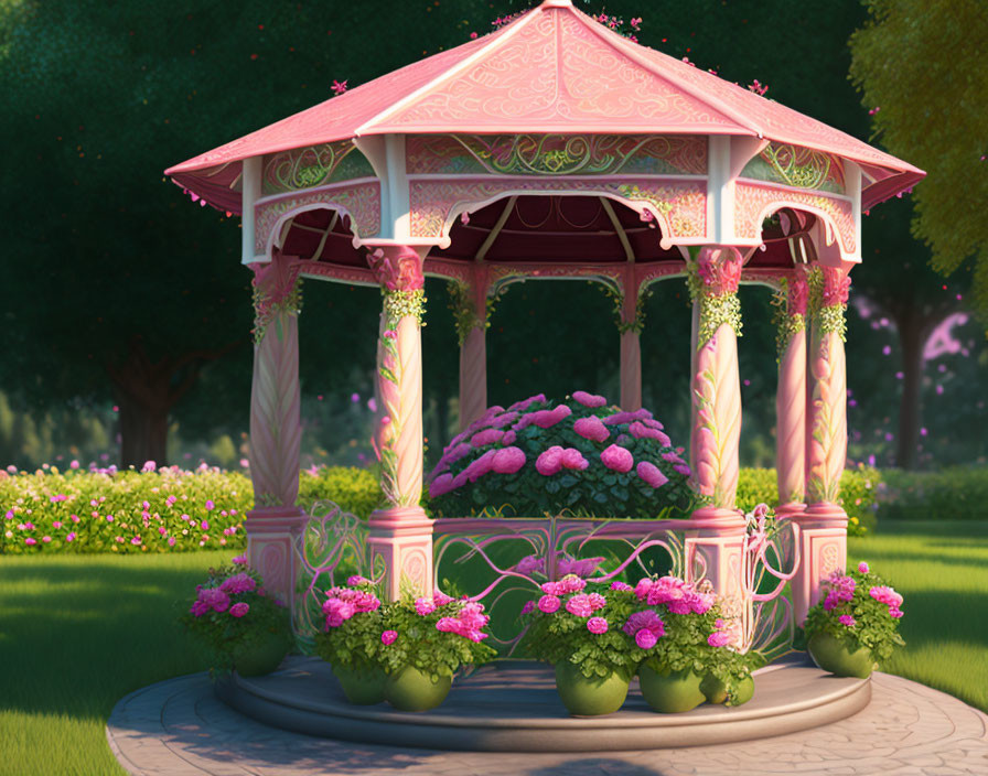 Pink Gazebo with Climbing Roses in Lush Garden