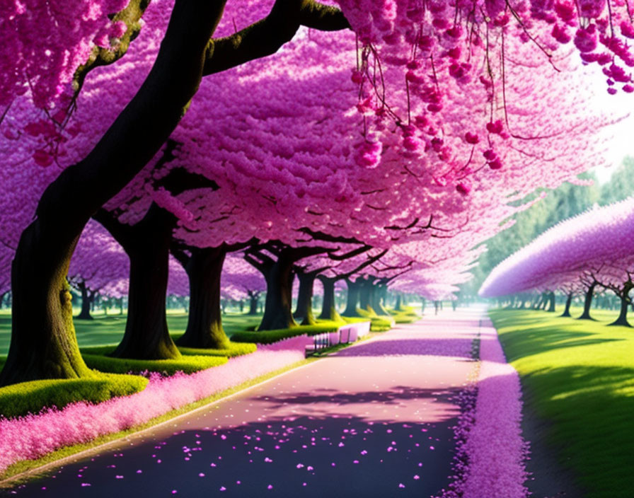 Tranquil Path with Pink Cherry Blossom Trees