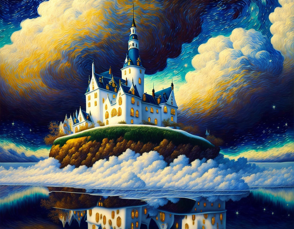 Fantastical castle with spires on island under Van Gogh-inspired starry sky