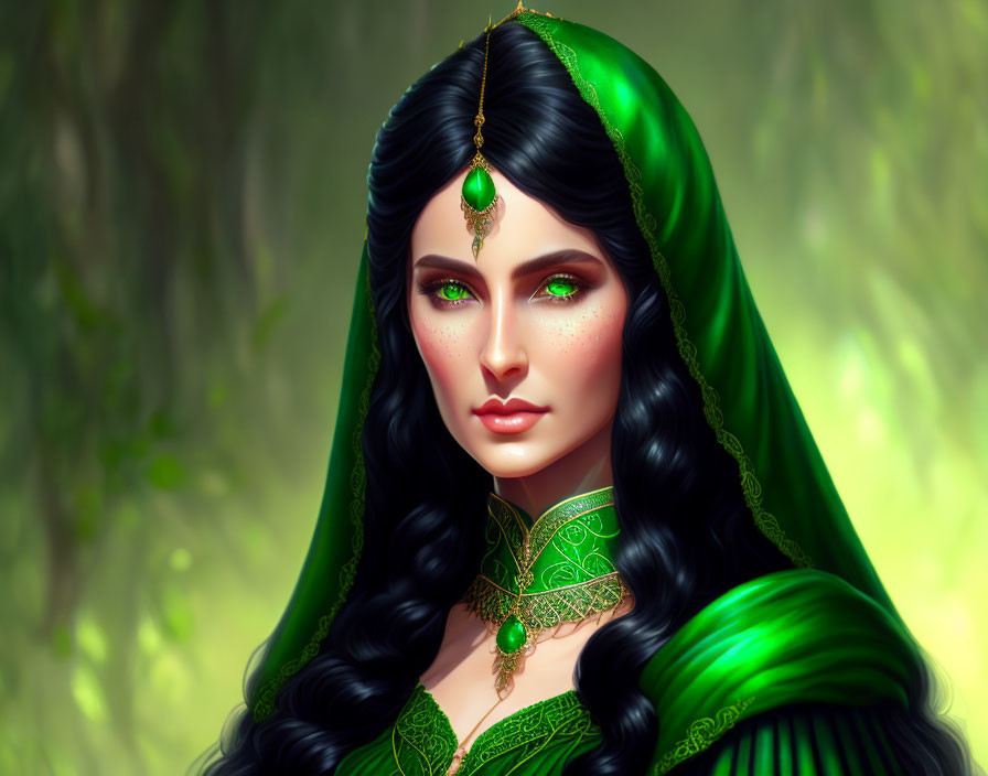 Illustrated woman with black hair and green attire in mystical ambiance