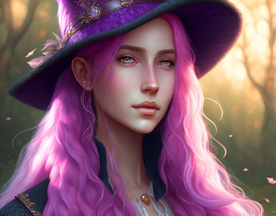 Vibrant pink hair woman in purple hat serenely gazes in warm light.