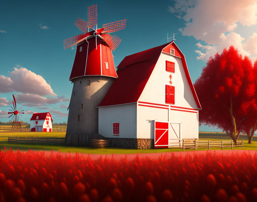 Red windmill, white barn, vibrant foliage in farm scene