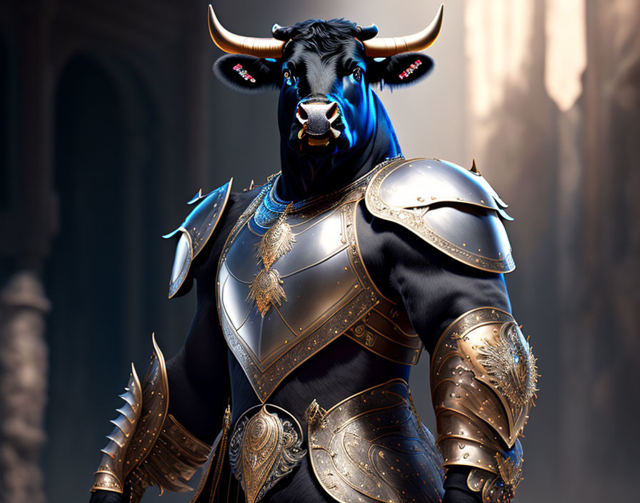 Blue-skinned bull in black and gold armor with blue accents