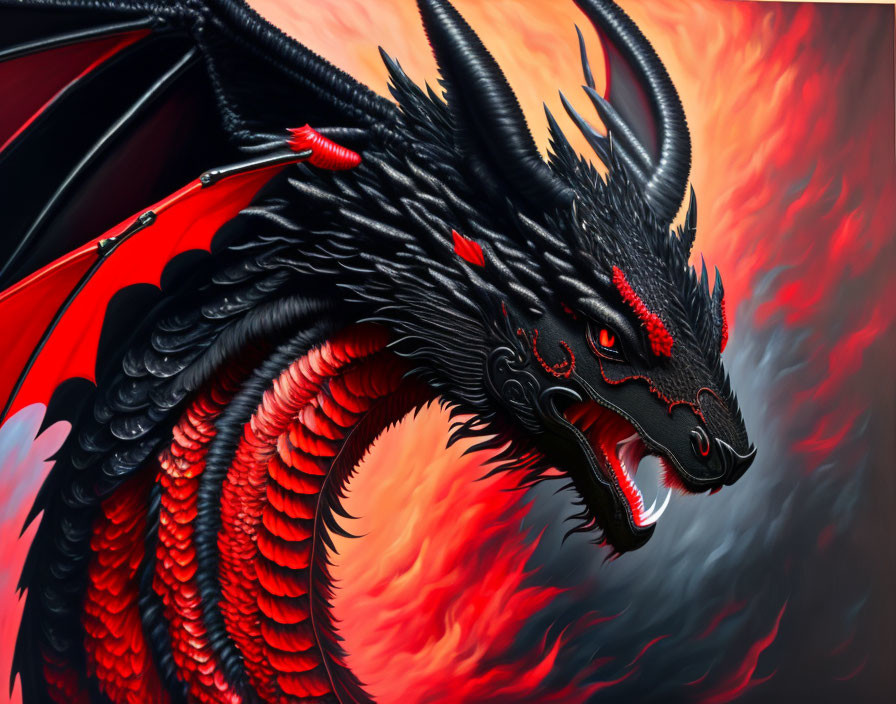 Black dragon with red eyes and accents in fiery red and smoky grey backdrop