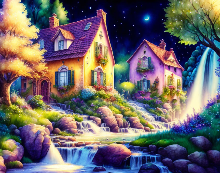 Enchanting village illustration with whimsical houses and lush flora under starry sky