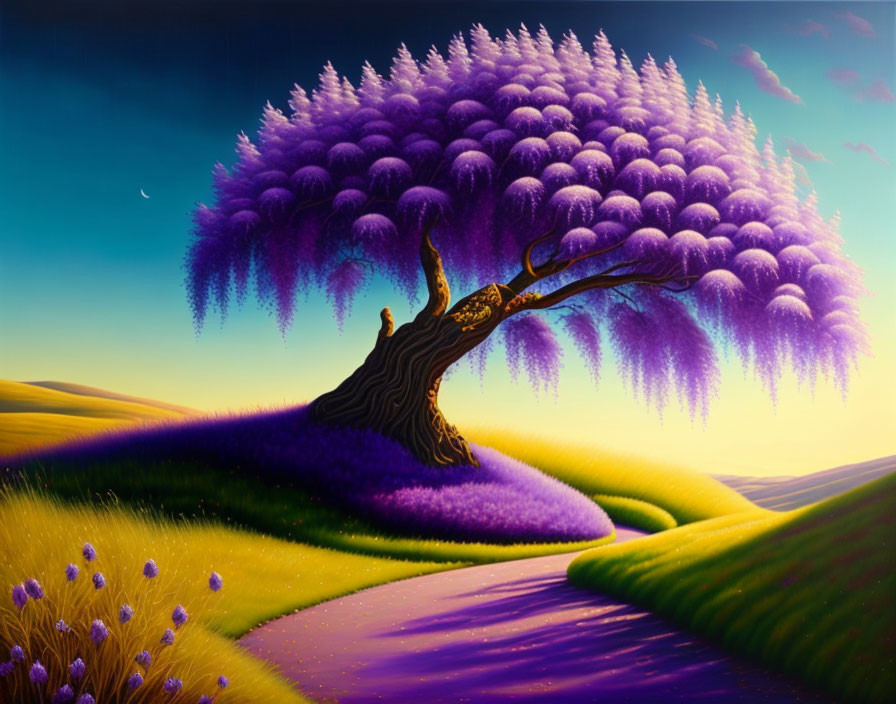 Surreal landscape with lush purple tree under sunset sky