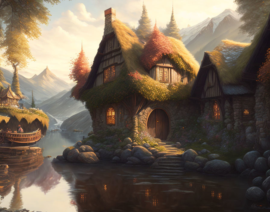 Thatched roof cottage surrounded by forest, river, and mountains