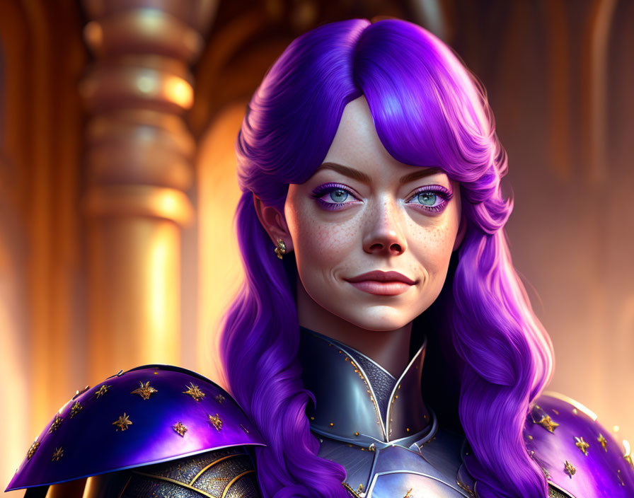 Fantasy female warrior with purple hair and silver armor